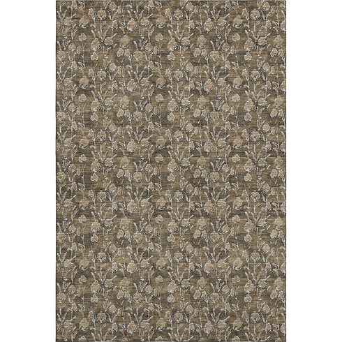 9' X 12' Brown And Ivory Floral Washable Area Rug With UV Protection