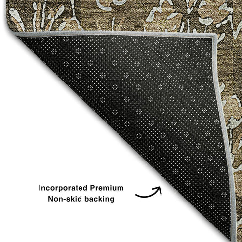 9' X 12' Brown And Ivory Floral Washable Area Rug With UV Protection