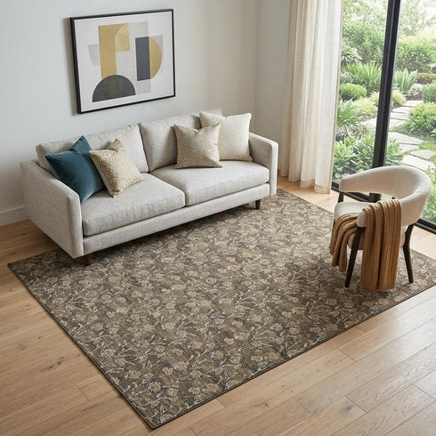 9' X 12' Brown And Ivory Floral Washable Area Rug With UV Protection