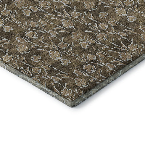 9' X 12' Brown And Ivory Floral Washable Area Rug With UV Protection