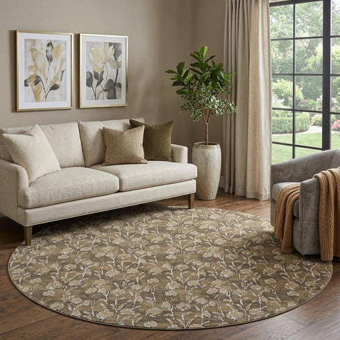 9' X 12' Brown And Ivory Floral Washable Area Rug With UV Protection