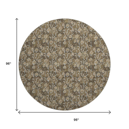 9' X 12' Brown And Ivory Floral Washable Area Rug With UV Protection