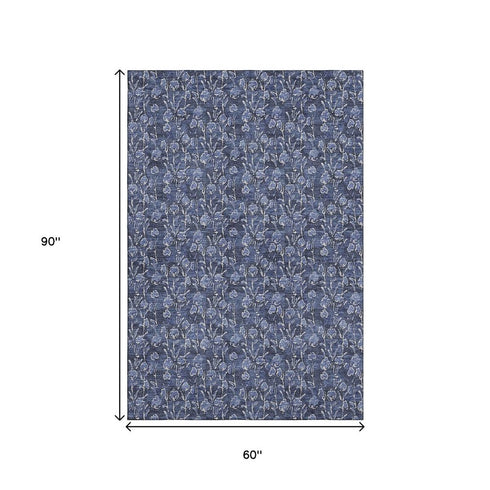 9' X 12' Navy Blue And Ivory Floral Washable Area Rug With UV Protection