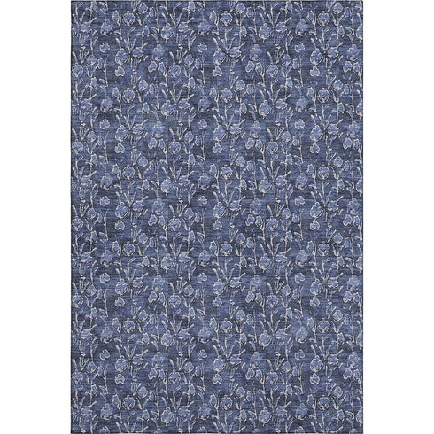 9' X 12' Navy Blue And Ivory Floral Washable Area Rug With UV Protection