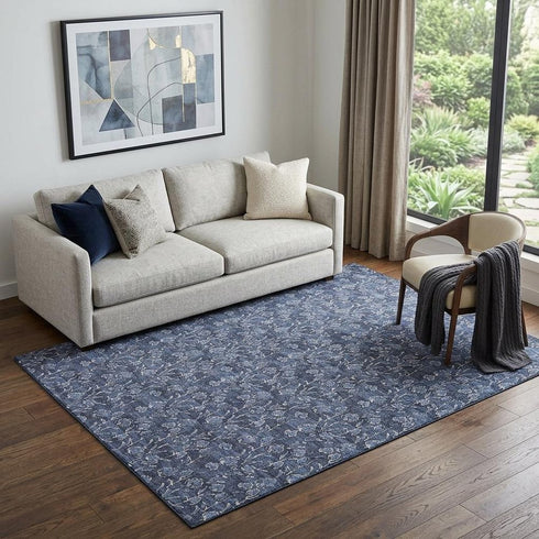 9' X 12' Navy Blue And Ivory Floral Washable Area Rug With UV Protection