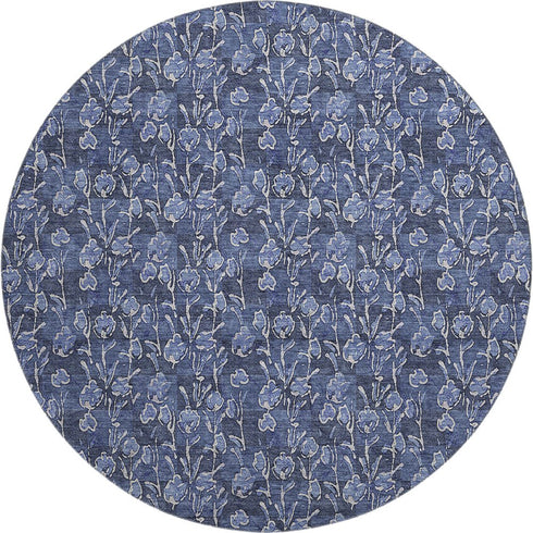 9' X 12' Navy Blue And Ivory Floral Washable Area Rug With UV Protection