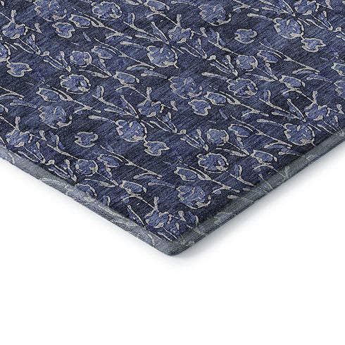 9' X 12' Navy Blue And Ivory Floral Washable Area Rug With UV Protection