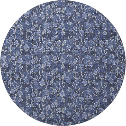 9' X 12' Navy Blue And Ivory Floral Washable Area Rug With UV Protection