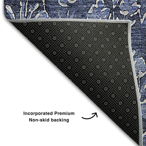 9' X 12' Navy Blue And Ivory Floral Washable Area Rug With UV Protection