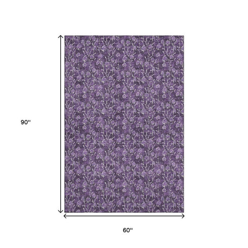 9' X 12' Purple And Ivory Floral Washable Area Rug With UV Protection