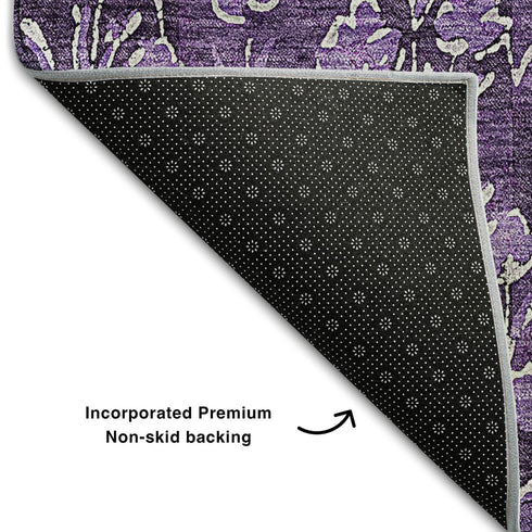 9' X 12' Purple And Ivory Floral Washable Area Rug With UV Protection