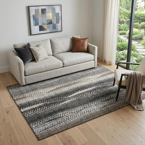 9' X 12' Brown Gray And Ivory Striped Washable Area Rug With UV Protection