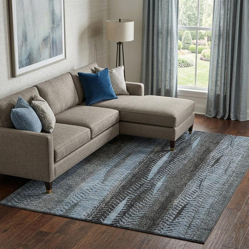 9' X 12' Blue And Gray Striped Washable Area Rug With UV Protection