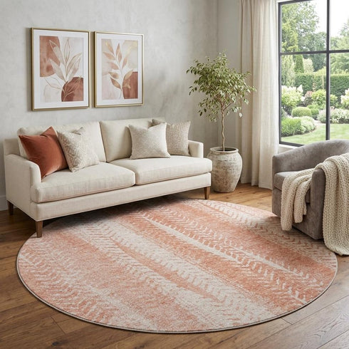 9' X 12' Coral And Ivory Striped Washable Area Rug With UV Protection