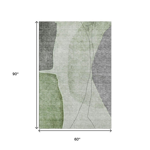9' X 12' Green Gray And Ivory Abstract Washable Area Rug With UV Protection