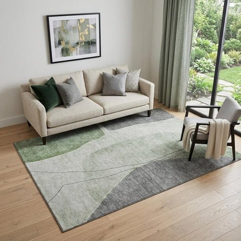 9' X 12' Green Gray And Ivory Abstract Washable Area Rug With UV Protection
