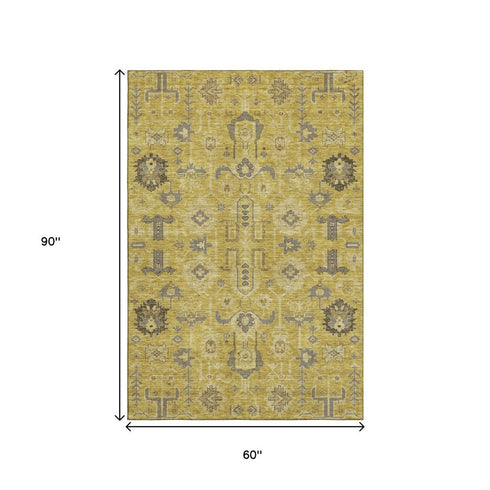 9' X 12' Gold Charcoal And Gray Oriental Washable Area Rug With UV Protection