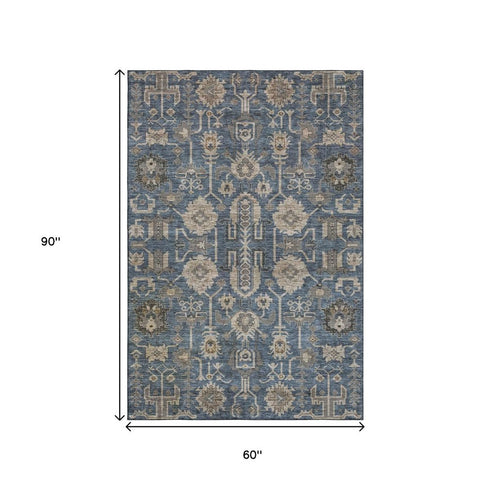 9' X 12' Navy Blue Beige And Charcoal Oriental Washable Area Rug With UV Protection