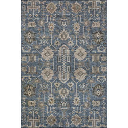9' X 12' Navy Blue Beige And Charcoal Oriental Washable Area Rug With UV Protection