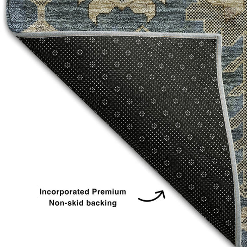 9' X 12' Navy Blue Beige And Charcoal Oriental Washable Area Rug With UV Protection