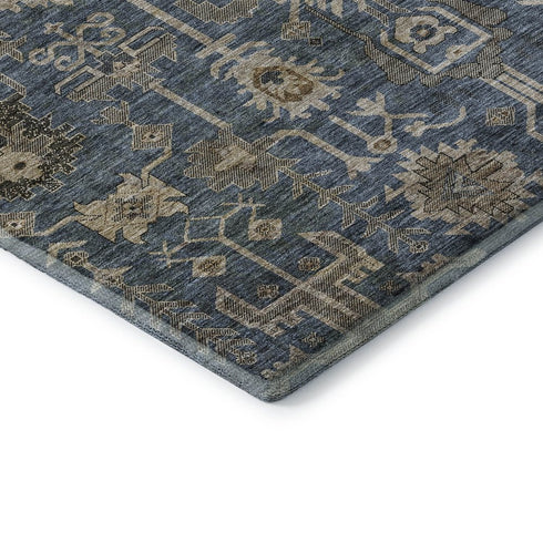 9' X 12' Navy Blue Beige And Charcoal Oriental Washable Area Rug With UV Protection