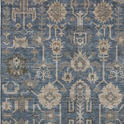 9' X 12' Navy Blue Beige And Charcoal Oriental Washable Area Rug With UV Protection