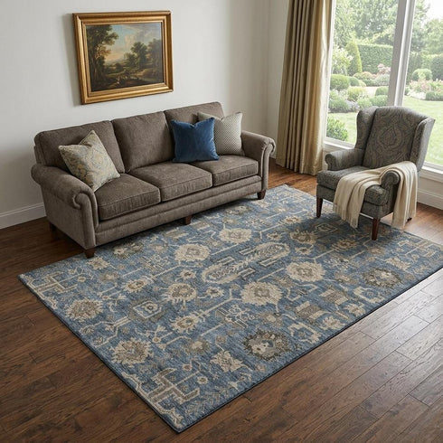 9' X 12' Navy Blue Beige And Charcoal Oriental Washable Area Rug With UV Protection