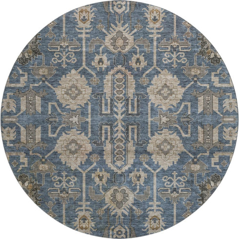 9' X 12' Navy Blue Beige And Charcoal Oriental Washable Area Rug With UV Protection