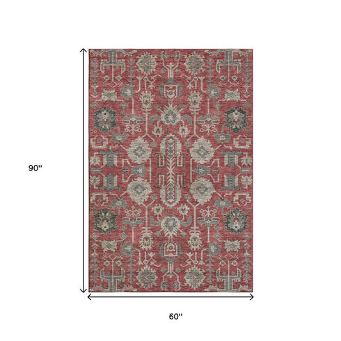 9' X 12' Red Beige And Charcoal Oriental Washable Area Rug With UV Protection