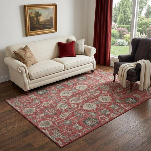 9' X 12' Red Beige And Charcoal Oriental Washable Area Rug With UV Protection
