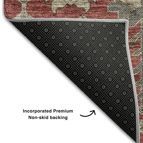 9' X 12' Red Beige And Charcoal Oriental Washable Area Rug With UV Protection