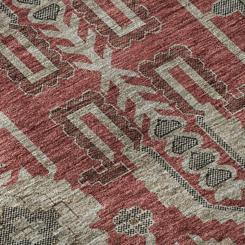 9' X 12' Red Beige And Charcoal Oriental Washable Area Rug With UV Protection