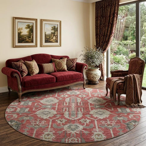 9' X 12' Red Beige And Charcoal Oriental Washable Area Rug With UV Protection
