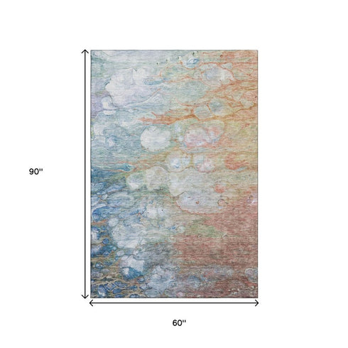 9' X 12' Coral Blue And Ivory Abstract Washable Area Rug With UV Protection