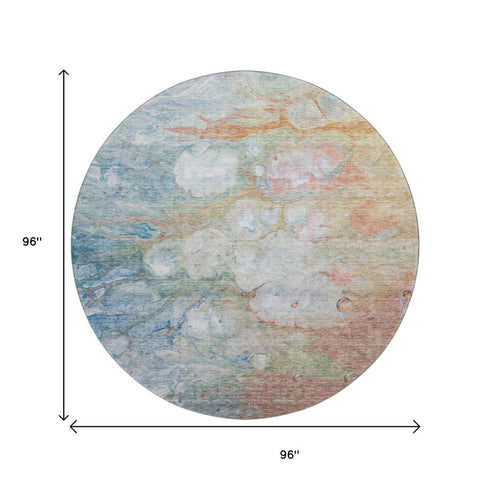 9' X 12' Coral Blue And Ivory Abstract Washable Area Rug With UV Protection