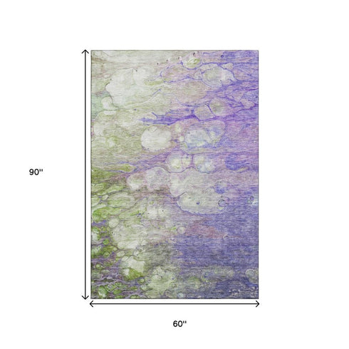 9' X 12' Purple Green And Ivory Abstract Washable Area Rug With UV Protection