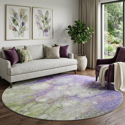 9' X 12' Purple Green And Ivory Abstract Washable Area Rug With UV Protection