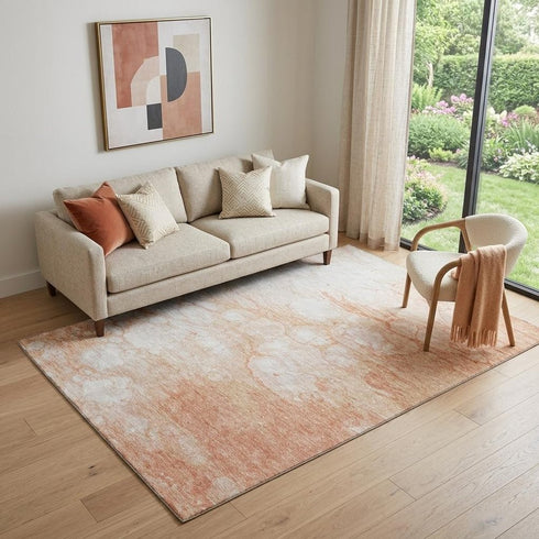 9' X 12' Coral And Ivory Abstract Washable Area Rug With UV Protection
