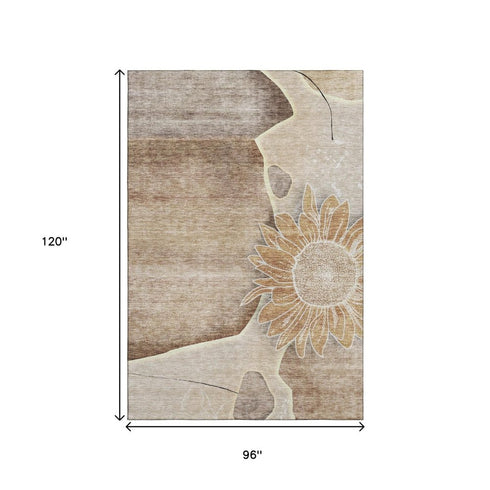 9' X 12' Brown And Beige Floral Washable Area Rug With UV Protection