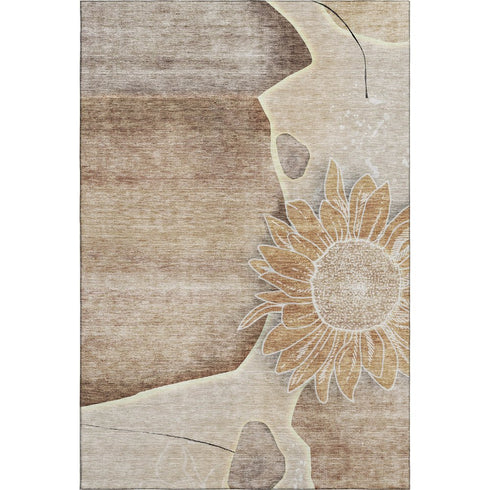 9' X 12' Brown And Beige Floral Washable Area Rug With UV Protection