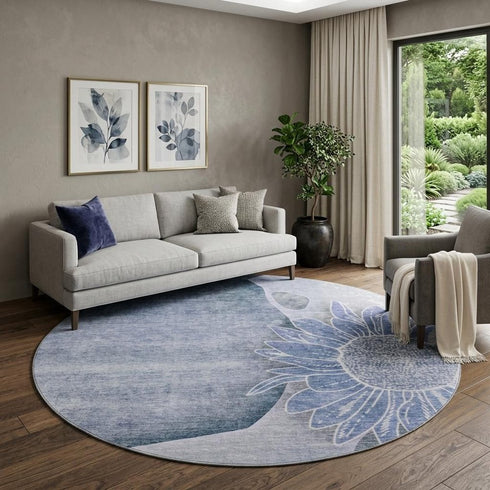 9' X 12' Blue And Ivory Floral Washable Area Rug With UV Protection