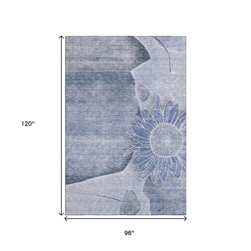 9' X 12' Blue And Ivory Floral Washable Area Rug With UV Protection