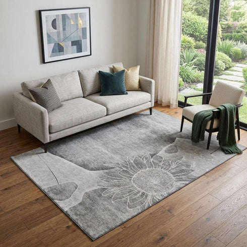 9' X 12' Gray And Silver Floral Washable Area Rug With UV Protection