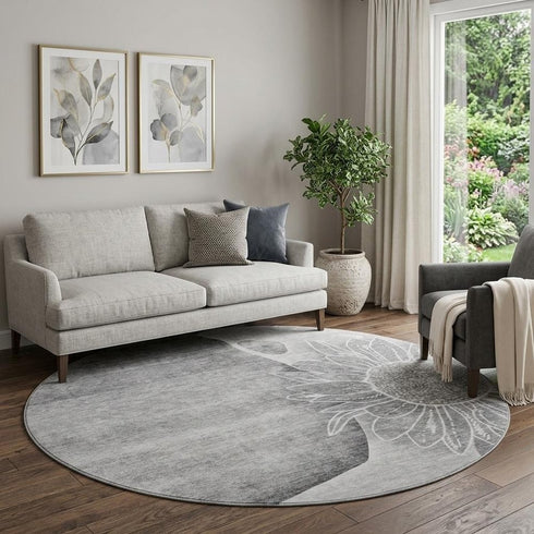 9' X 12' Gray And Silver Floral Washable Area Rug With UV Protection