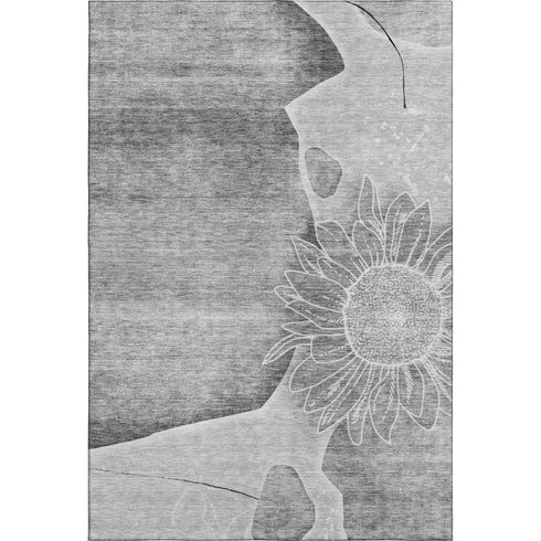 9' X 12' Gray And Silver Floral Washable Area Rug With UV Protection