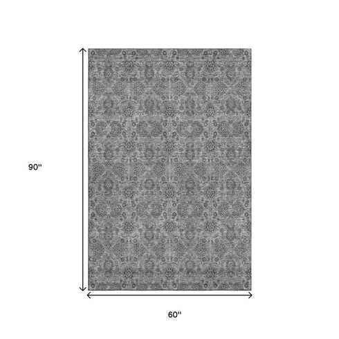9' X 12' Gray And Silver Floral Washable Area Rug With UV Protection