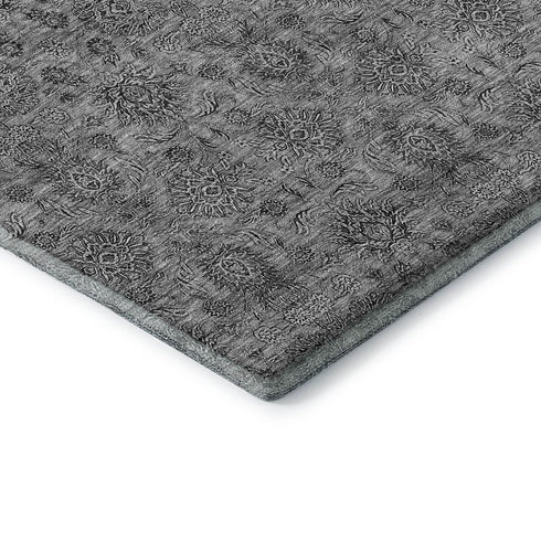 9' X 12' Gray And Silver Floral Washable Area Rug With UV Protection