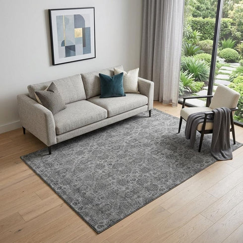9' X 12' Gray And Silver Floral Washable Area Rug With UV Protection
