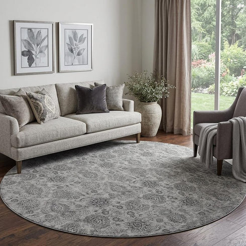 9' X 12' Gray And Silver Floral Washable Area Rug With UV Protection
