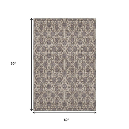 9' X 12' Ivory And Taupe Floral Washable Area Rug With UV Protection
